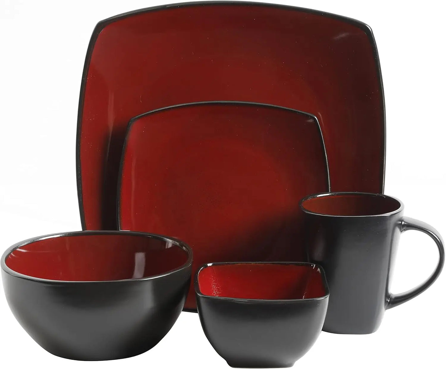 Square Reactive Glaze Stoneware Dinnerware Set, Service for 8 (40pc), Red/Black