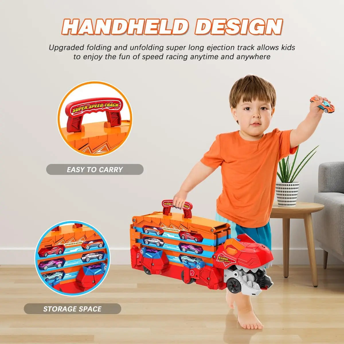 Dinosaur 3-In-1 Transport Truck Car Toys for Boys Age 3+ 8 Race Cars Ejection Folding Portable Track Toy with Sound for Kids