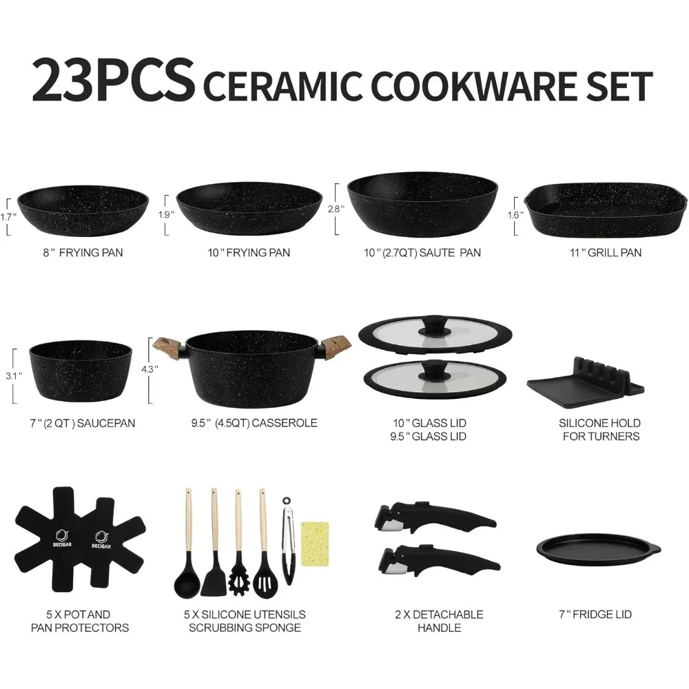 23pcs Nonstick Ceramic Cookware Set with Removable Handle, Induction Compatible Pots & Pans for Home Chefs
