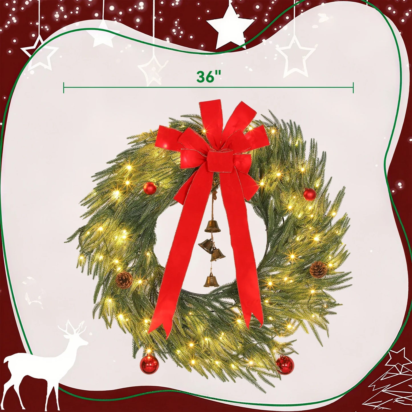 Homcom 36\\\" Christmas Wreath with 100 Led Lights, Pre-Lit Christmas Wreath