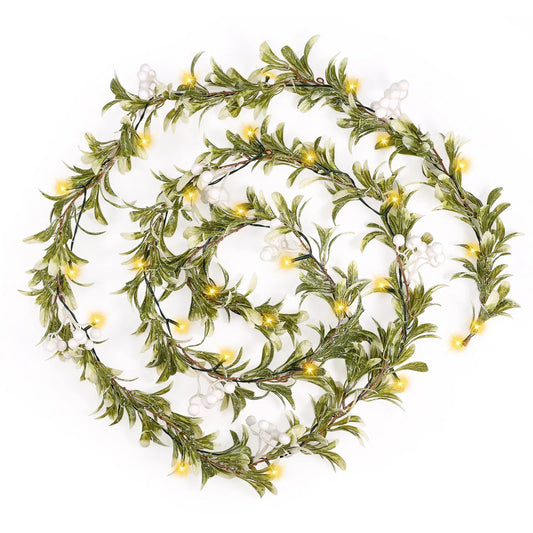 9.2FT Mistletoe Christmas Garland,Prelit Flocked Cedar Garland with Lights Mistletoe Leaves White Berry Pinecorn Star Warm White