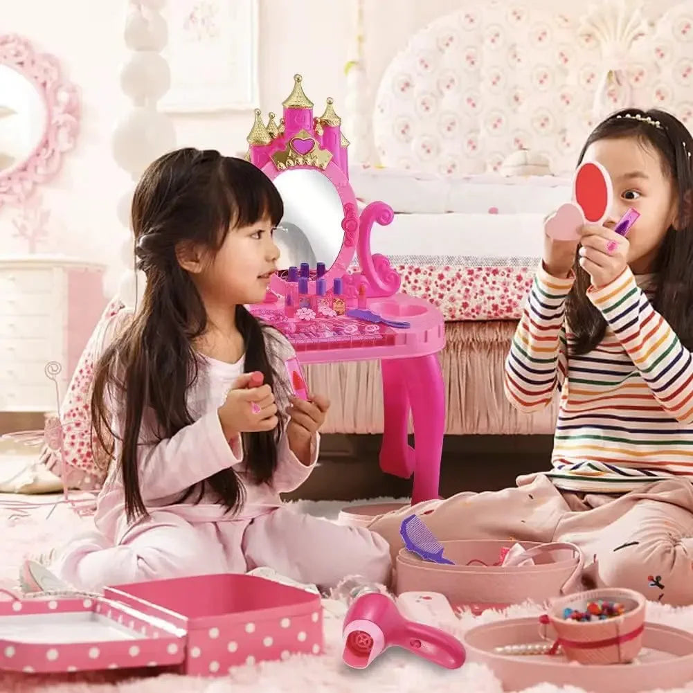 Vanity Makeup Table Toy with Adjustable Mirror, Comfortable Seat, Electronic Organ, Lights for Little Girls Toddler Vanity Set
