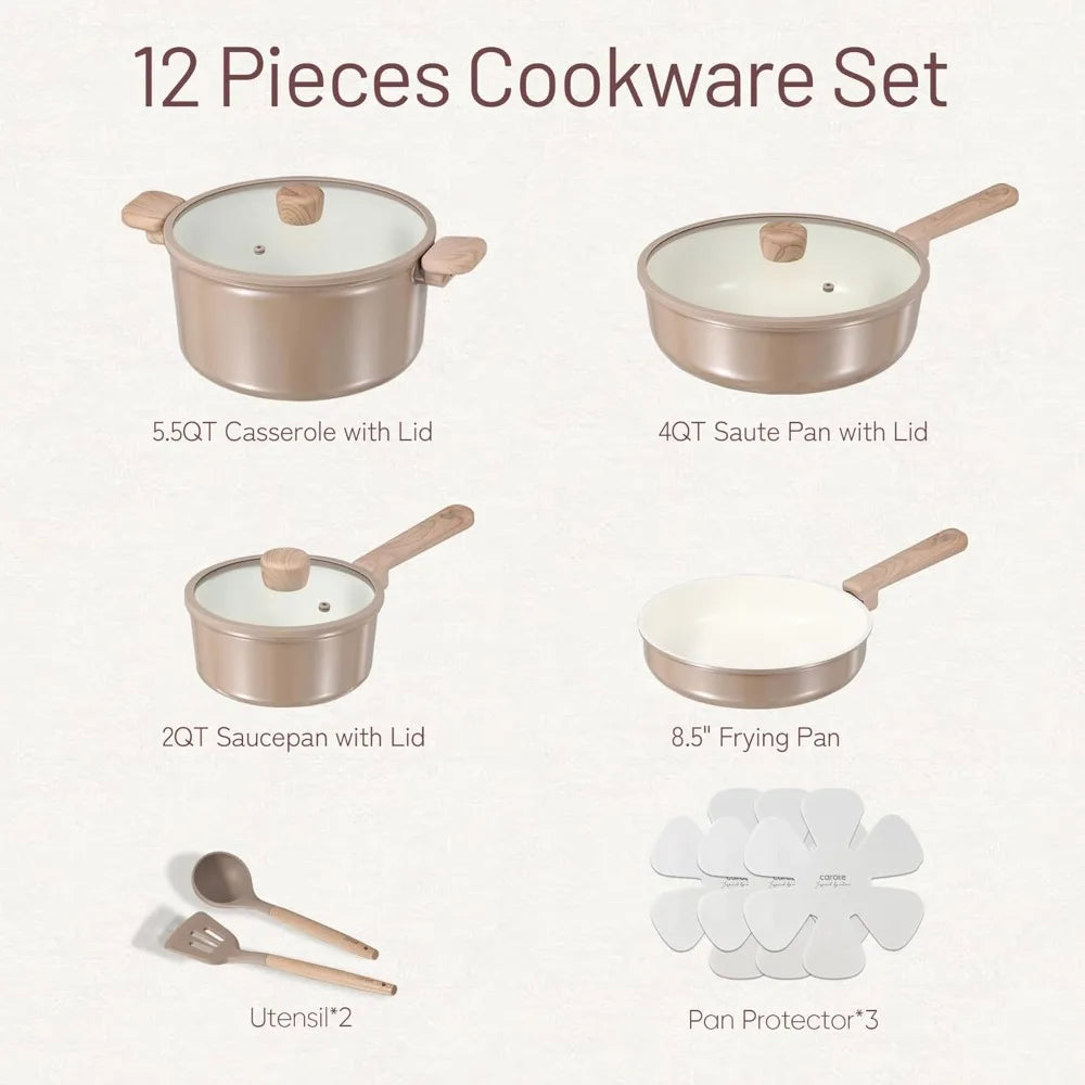 12Pcs Ceramic Cookware Set Non-Stick PFAS/PFOA Free Healthy Kitchen Pots Pans Taupe
