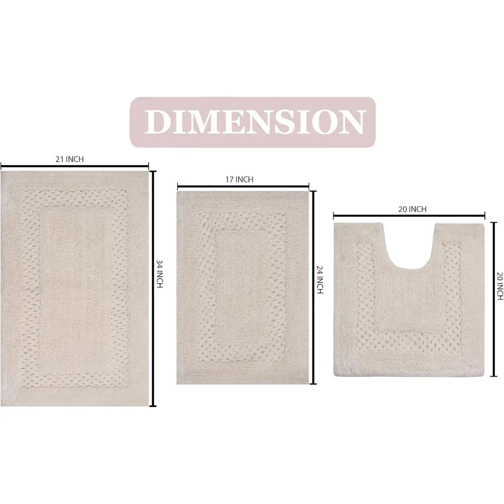 Premium Cotton Bathroom Rugs Set 3-Piece Non-Slip Absorbent Washable Soft Bath Mat for Modern Home Decor