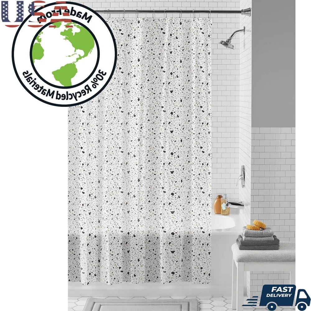 Eco-friendly Waterproof PEVA Shower Curtain Set with 12 Roller Hooks 13-piece Black White Terrazzo Pattern Easy Clean Recycled