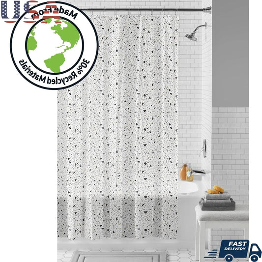Eco-friendly Waterproof PEVA Shower Curtain Set with 12 Roller Hooks 13-piece Black White Terrazzo Pattern Easy Clean Recycled