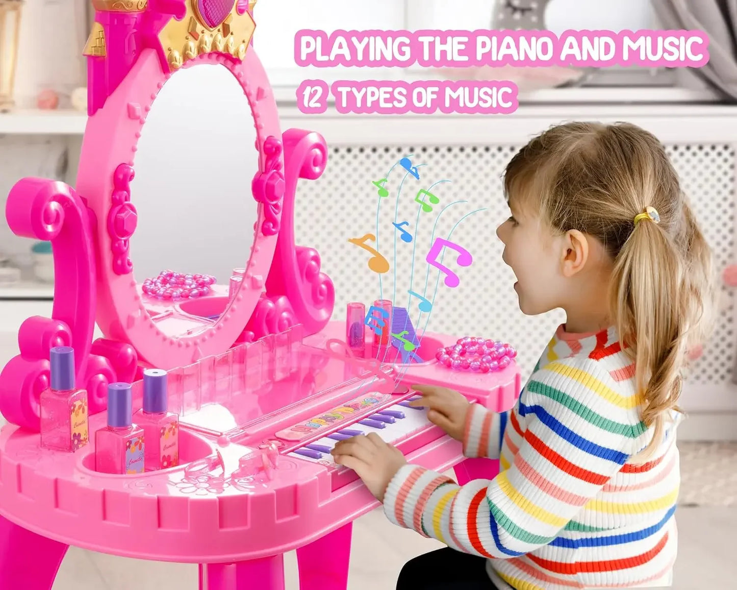Vanity Makeup Table Toy with Adjustable Mirror, Comfortable Seat, Electronic Organ, Lights for Little Girls Toddler Vanity Set