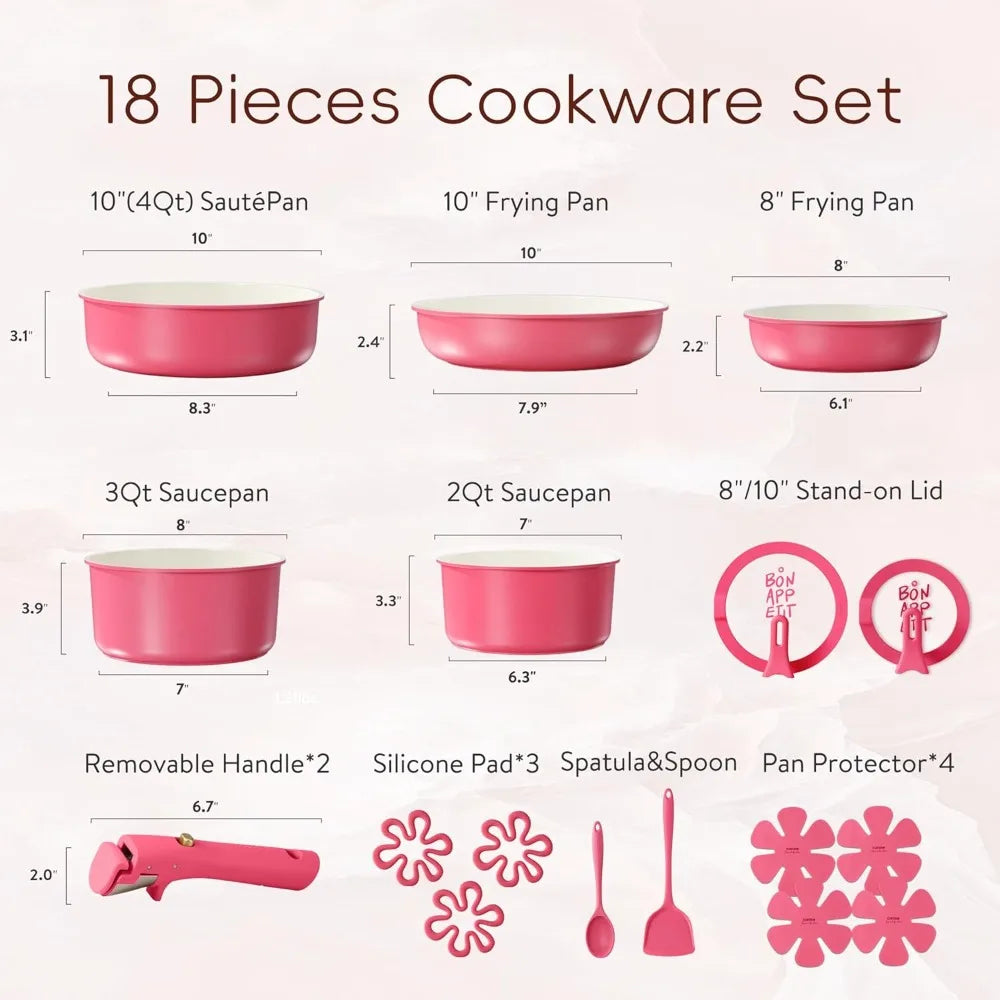 18Pcs Ceramic Cookware Set with Detachable Handle, Non Stick Pots and Pans, Oven Safe & Induction Ready