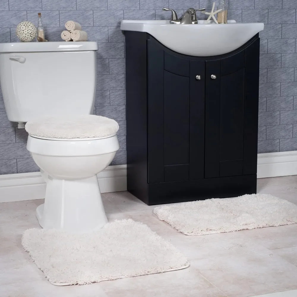 3-Piece Non-Slip Bathroom Rug Set with Contour Mat & Toilet Cover - Soft Machine Washable Ivory Mats