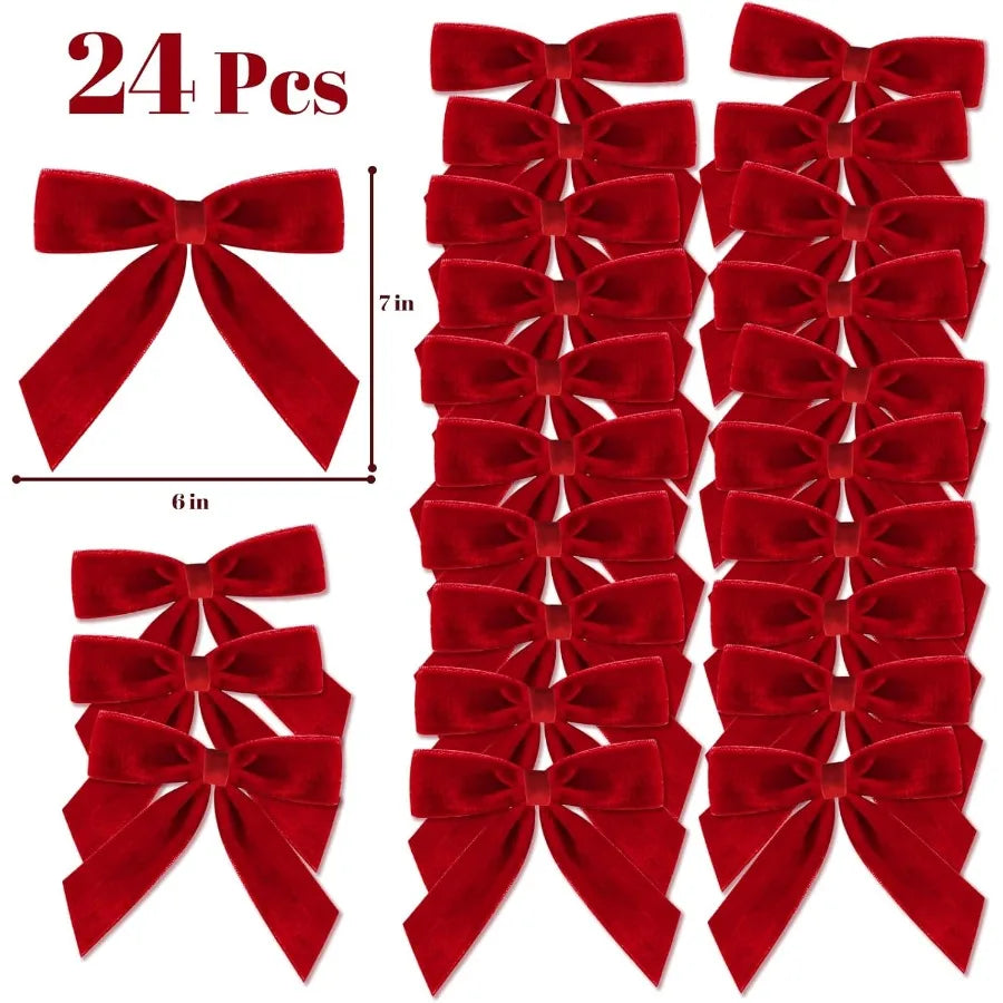 Christmas Decorations - 24 Pcs 7 x 6 inch Medium Red Velvet Bows for Christmas Tree Burgundy Xmas Ribbon Ornaments for Home Dec