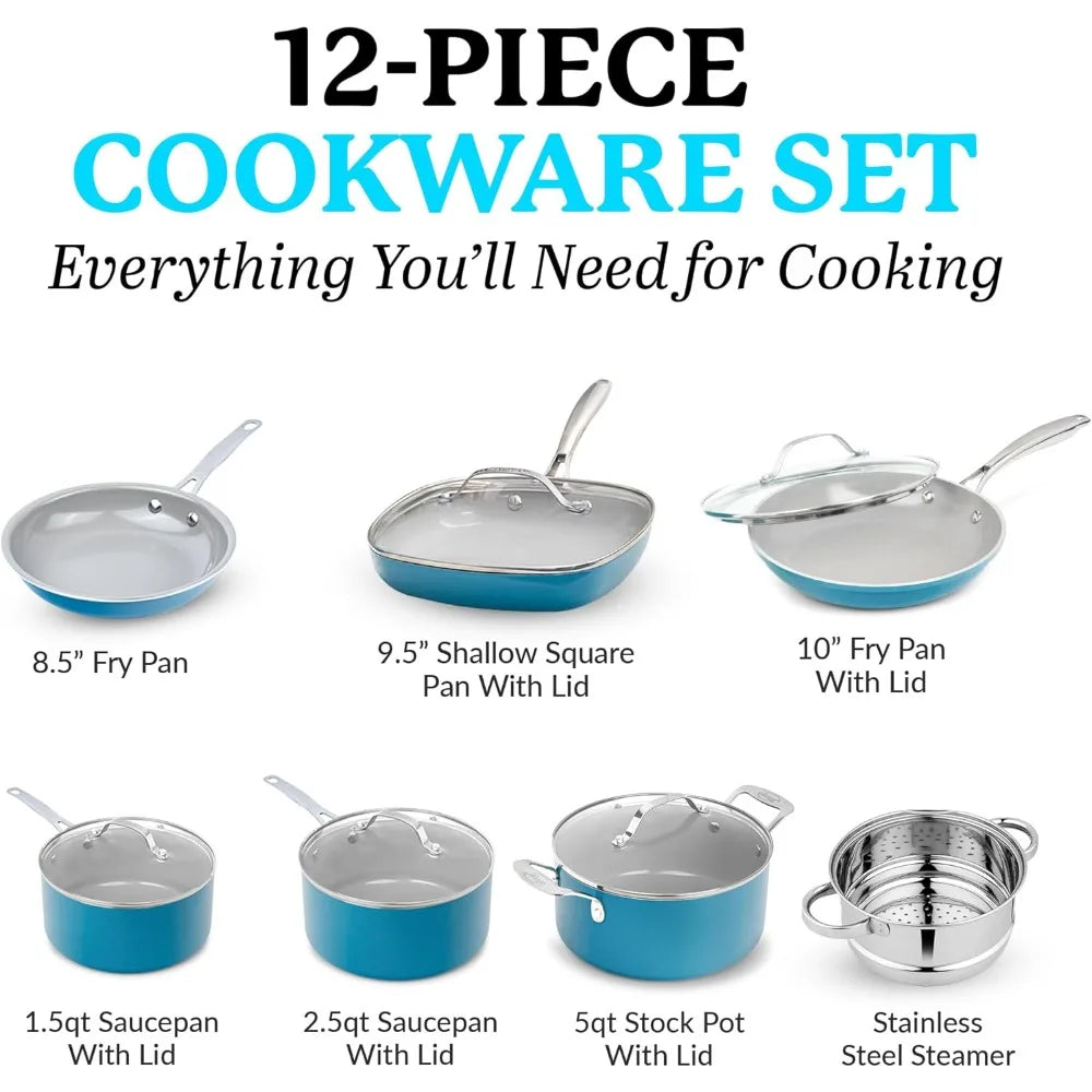 12-Piece Aqua Blue Nonstick Ceramic Cookware Set, Diamond-Infused Coating, Oven & Dishwasher Safe, Healthy PFOA-Free