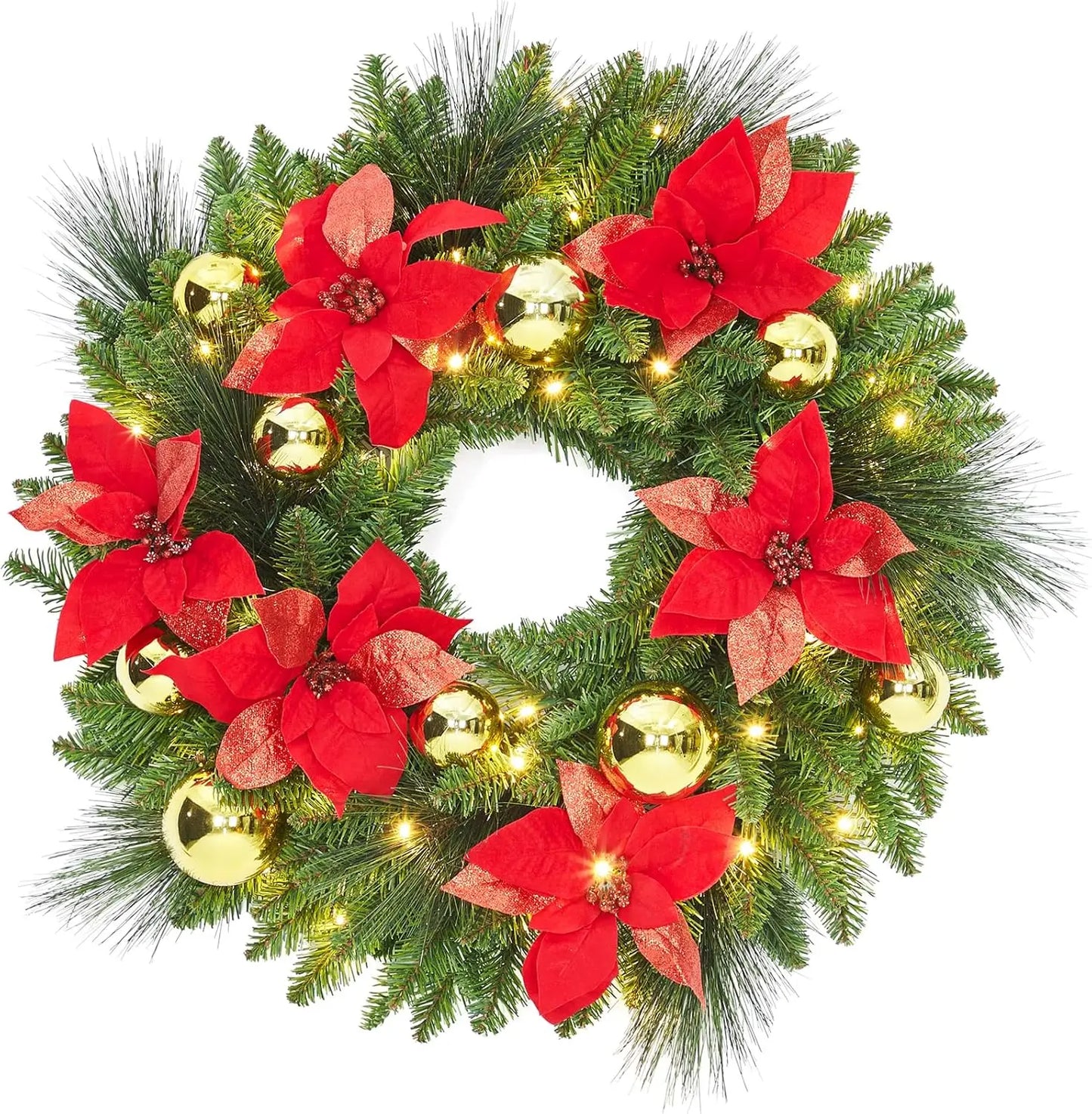 24 Inch Pre-Lit Artificial Christmas Wreath Frosted Pine Cone & Berry Winter Greenery Garland with 50 LED Lights for Front Door