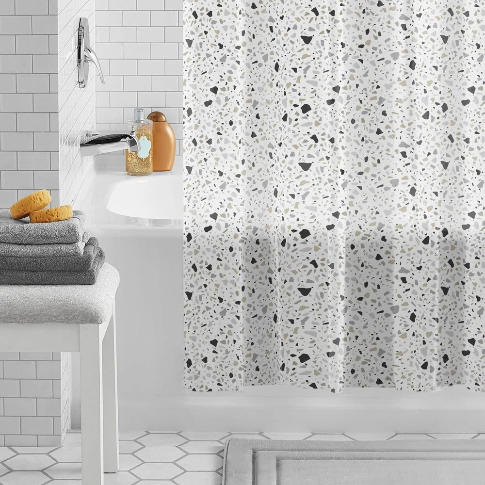 Eco-friendly Waterproof PEVA Shower Curtain Set with 12 Roller Hooks 13-piece Black White Terrazzo Pattern Easy Clean Recycled