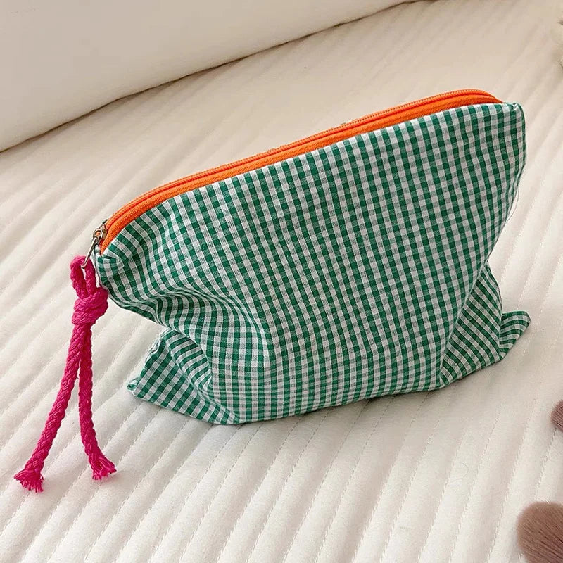 New Women Plaid Makeup Bag Large Capacity Cotton Zipper Pouch Purse Travel Clutch Makeup Bag Cosmetic Zipper Necessarie Feminina