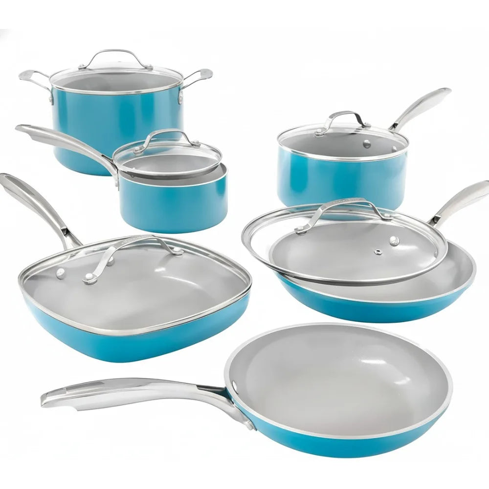 12-Piece Aqua Blue Nonstick Ceramic Cookware Set, Diamond-Infused Coating, Oven & Dishwasher Safe, Healthy PFOA-Free