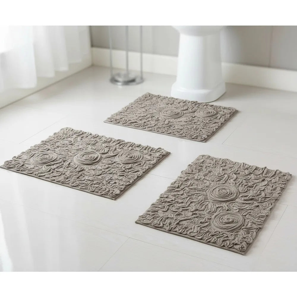 100% Cotton Tufted Bath Rugs Set, Ultra Soft Absorbent Non-Slip Mats, 3-Piece for Family Bathroom