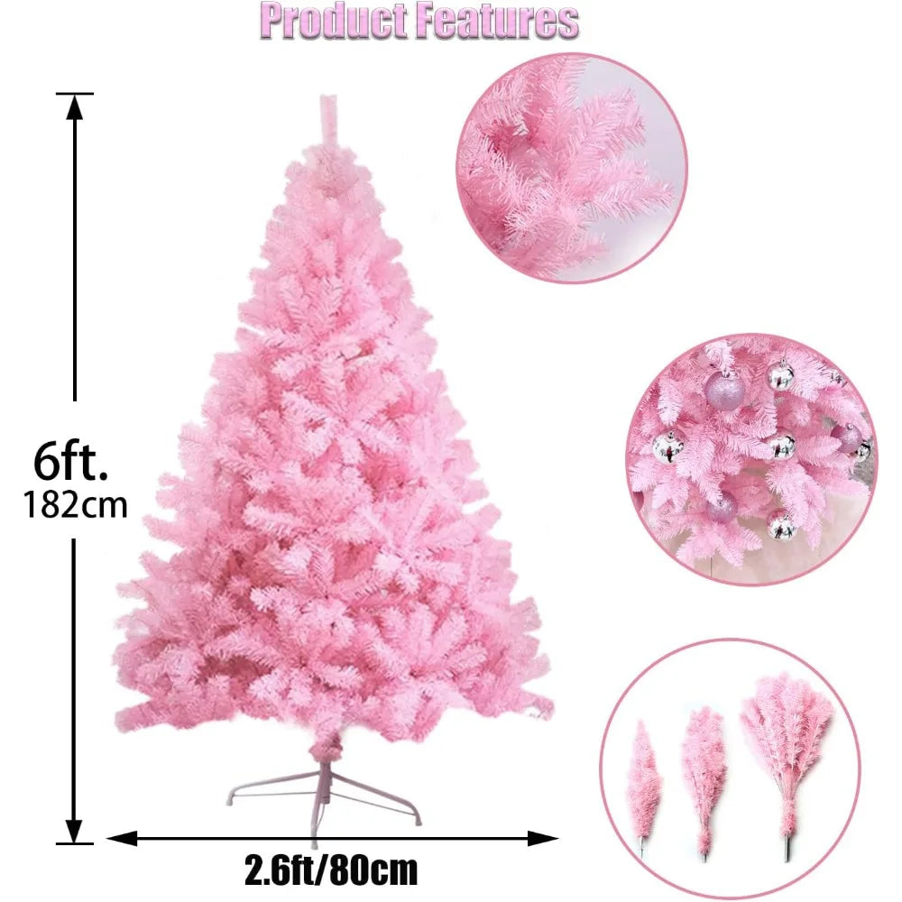 CCINEE 6ft Pink Artificial Christmas Tree 700 Branch Tips Hinged Spruce with Metal Stands Easy Assembly for Xmas Holidy