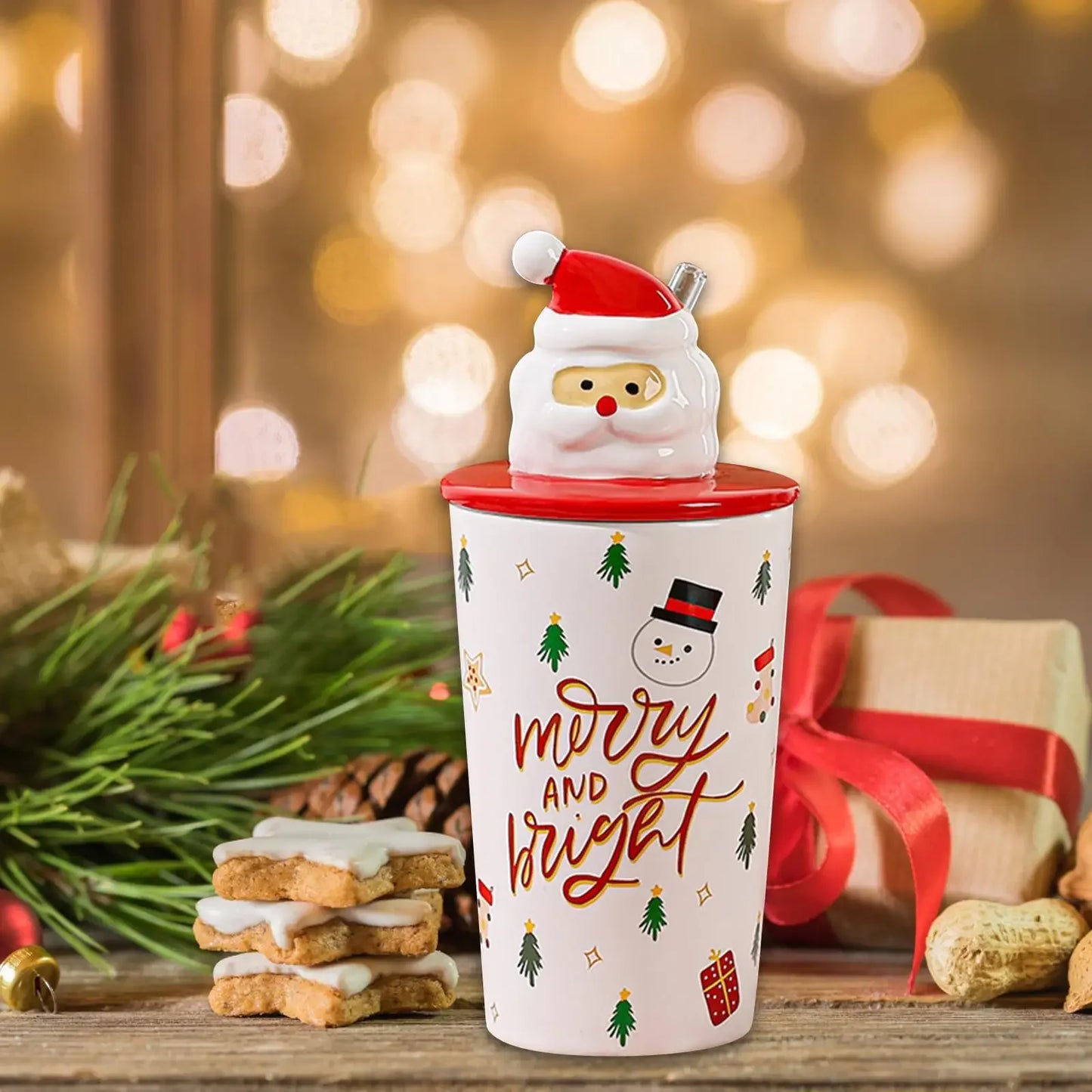 Gift Box Latte Mug Lovely Christmas Tumbler Latte Tea Cup with Lid Porcelain Coffee Cup for Latte Milk Gift Drinking Hot Coffee