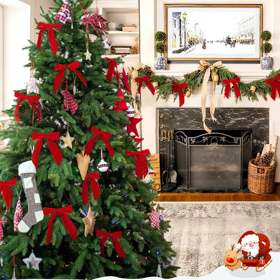 Christmas Decorations - 24 Pcs 7 x 6 inch Medium Red Velvet Bows for Christmas Tree Burgundy Xmas Ribbon Ornaments for Home Dec