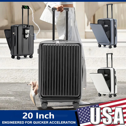 20 Inch Front Opening Cabin Suitcase Spinner Wheel Travel Rolling Luggage For Men Women Trolley Case With TSA Lock,USB Charging