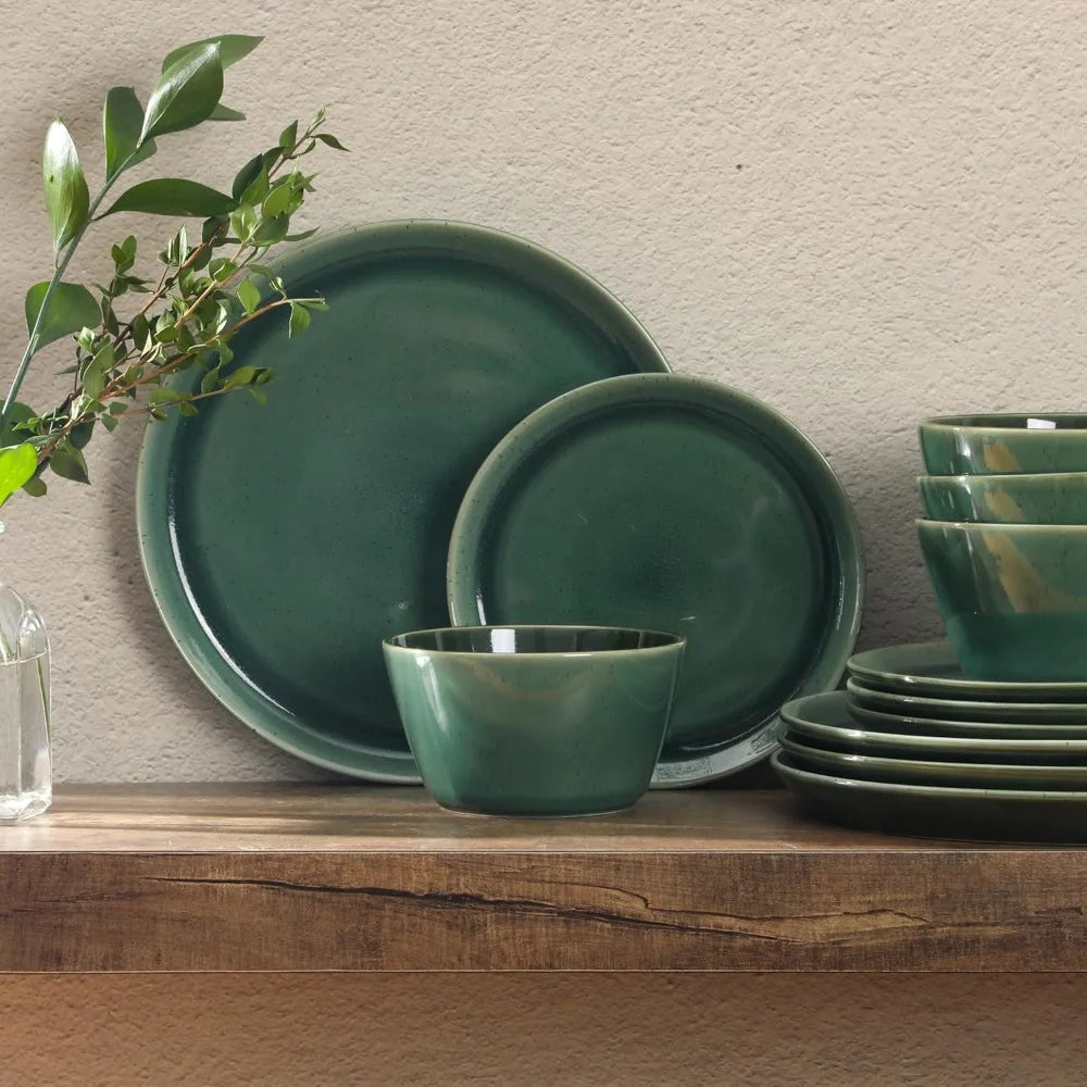 12-Piece Ceramic Dinnerware Set for 4, Reactive Glaze Plates & Bowls, Modern Stoneware Dishes - Elegant Green