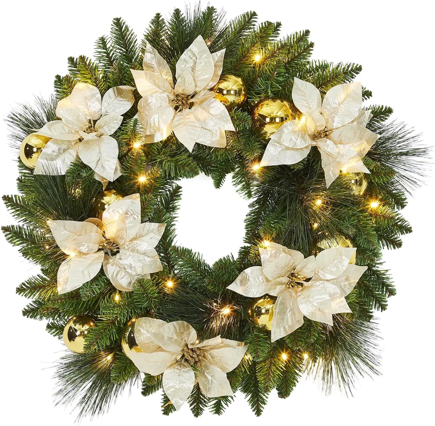 24 Inch Pre-Lit Artificial Christmas Wreath Frosted Pine Cone & Berry Winter Greenery Garland with 50 LED Lights for Front Door