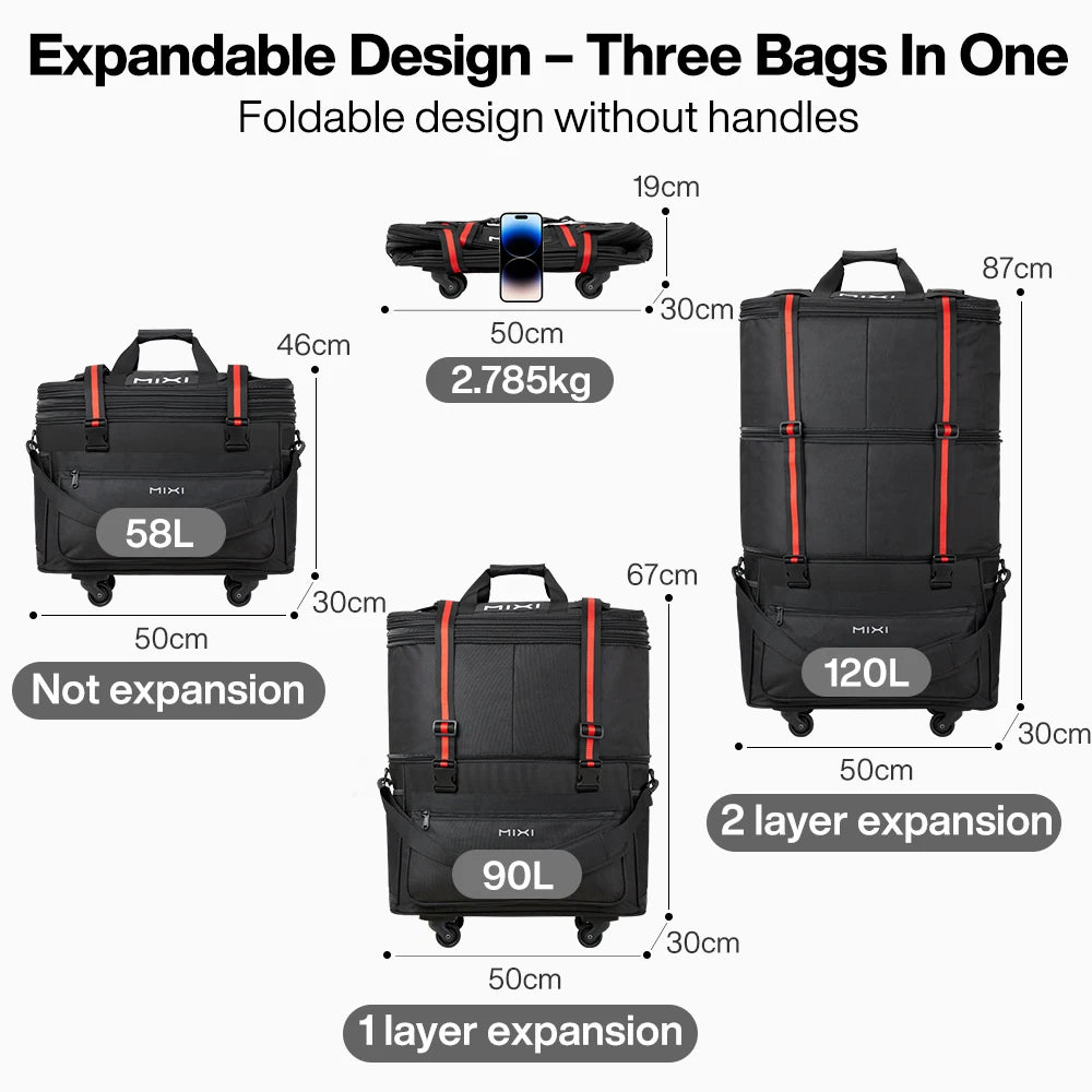 Mixi Foldable Travel Bag With Wheels Expandable Large Capacity Luggage