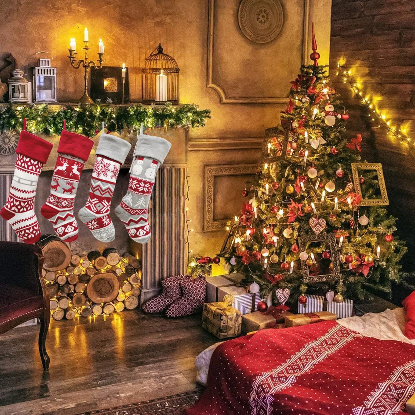 Christmas Decorations Christmas Decorations Wool Socks Red And Gray Elk Gift Bag Children'S Gift Bag Knitted Christmas Socks