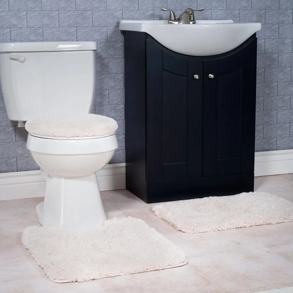 3-Piece Non-Slip Bathroom Rug Set with Contour Mat & Toilet Cover - Soft Machine Washable Ivory Mats