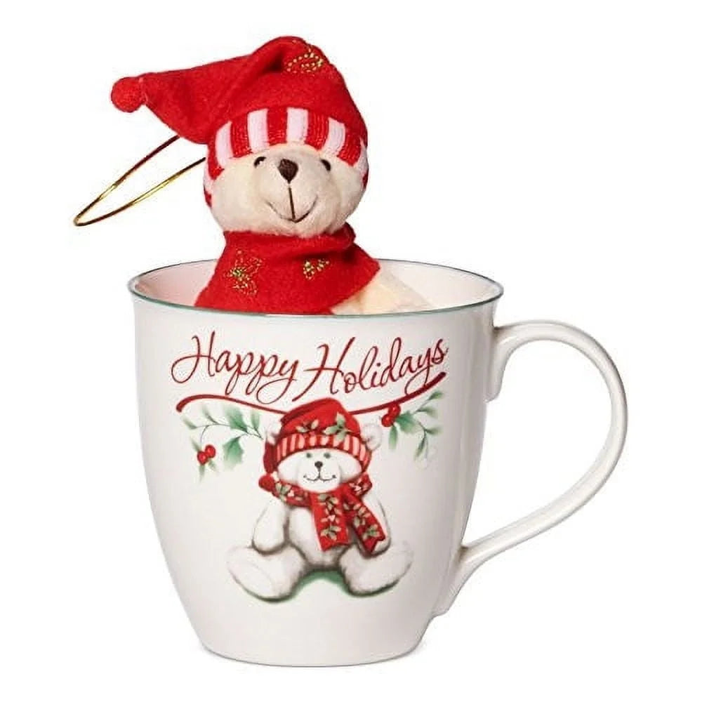 Winterberry Porcelain Mug with Plush Bear Holiday Ornament 20 oz Festive Christmas Drinkware Happy Holidays Gift Kids
