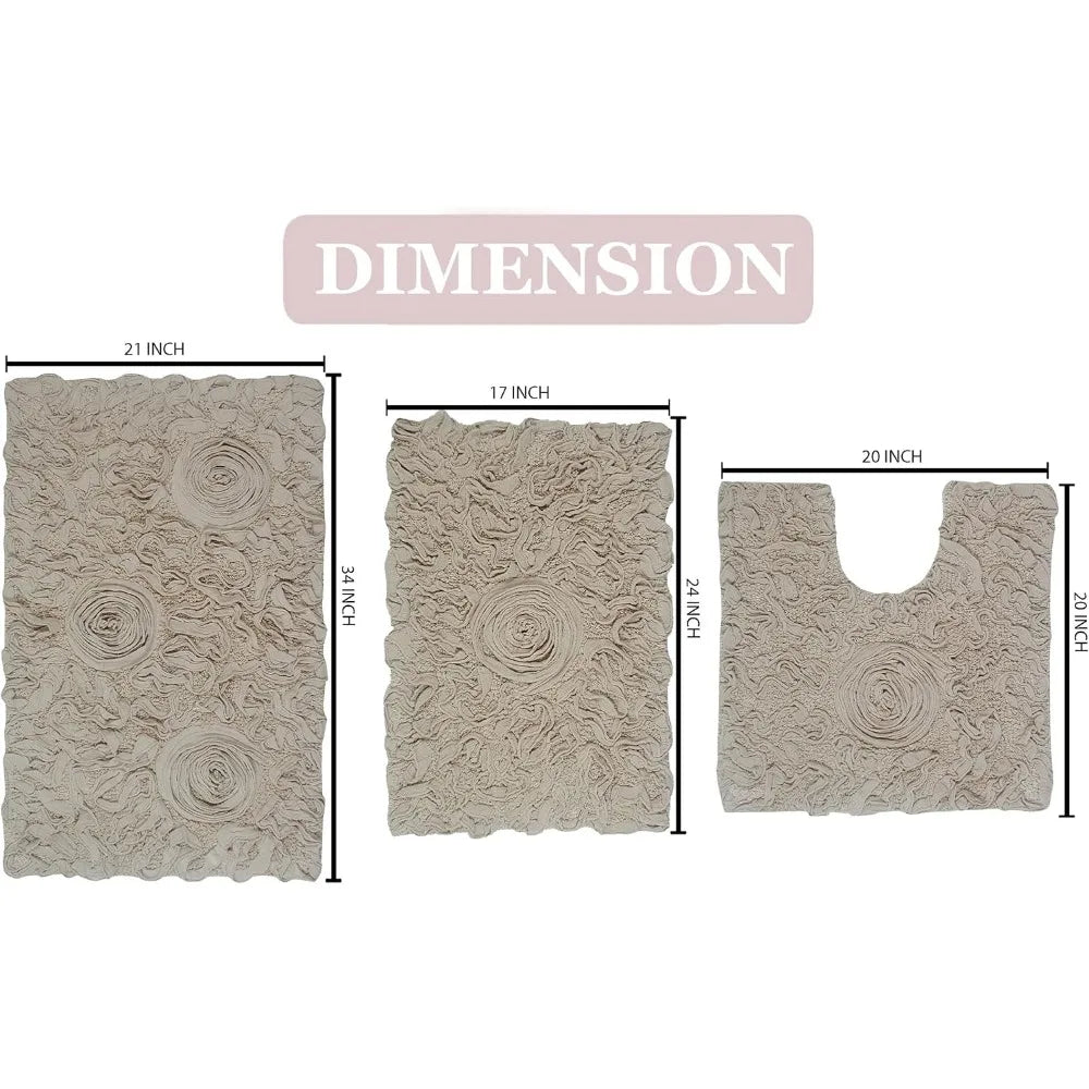 100% Cotton Tufted Bath Rugs Set, Ultra Soft Absorbent Non-Slip Mats, 3-Piece for Family Bathroom