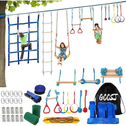 Warrior Obstacle Course For Kids And Adults - 65FT Slackline With Tree Climbing Rock Holds, Swing Seat, Monkey Bars, Ring Wheel,