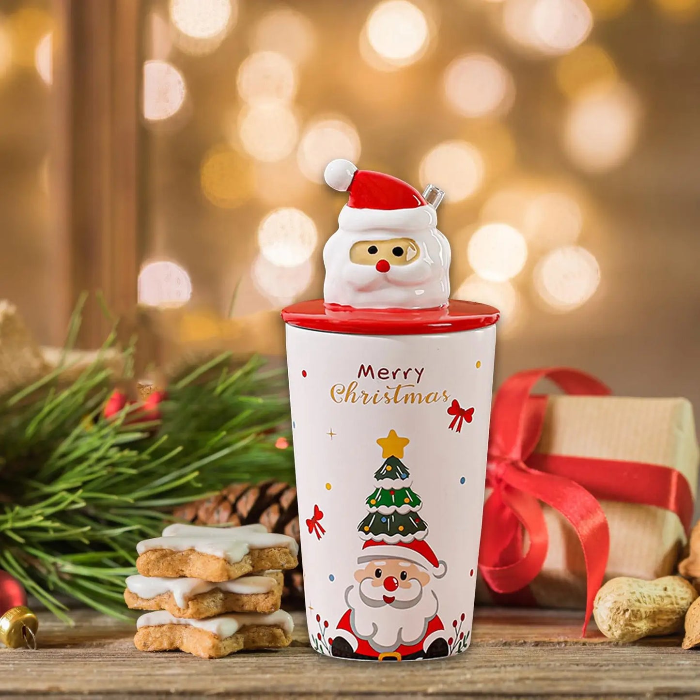 Gift Box Latte Mug Lovely Christmas Tumbler Latte Tea Cup with Lid Porcelain Coffee Cup for Latte Milk Gift Drinking Hot Coffee