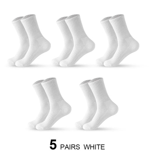 Men White Cotton Crew Socks 5 Pairs Breathable Sports