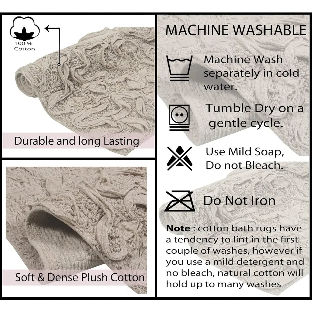 100% Cotton Tufted Bath Rugs Set, Ultra Soft Absorbent Non-Slip Mats, 3-Piece for Family Bathroom