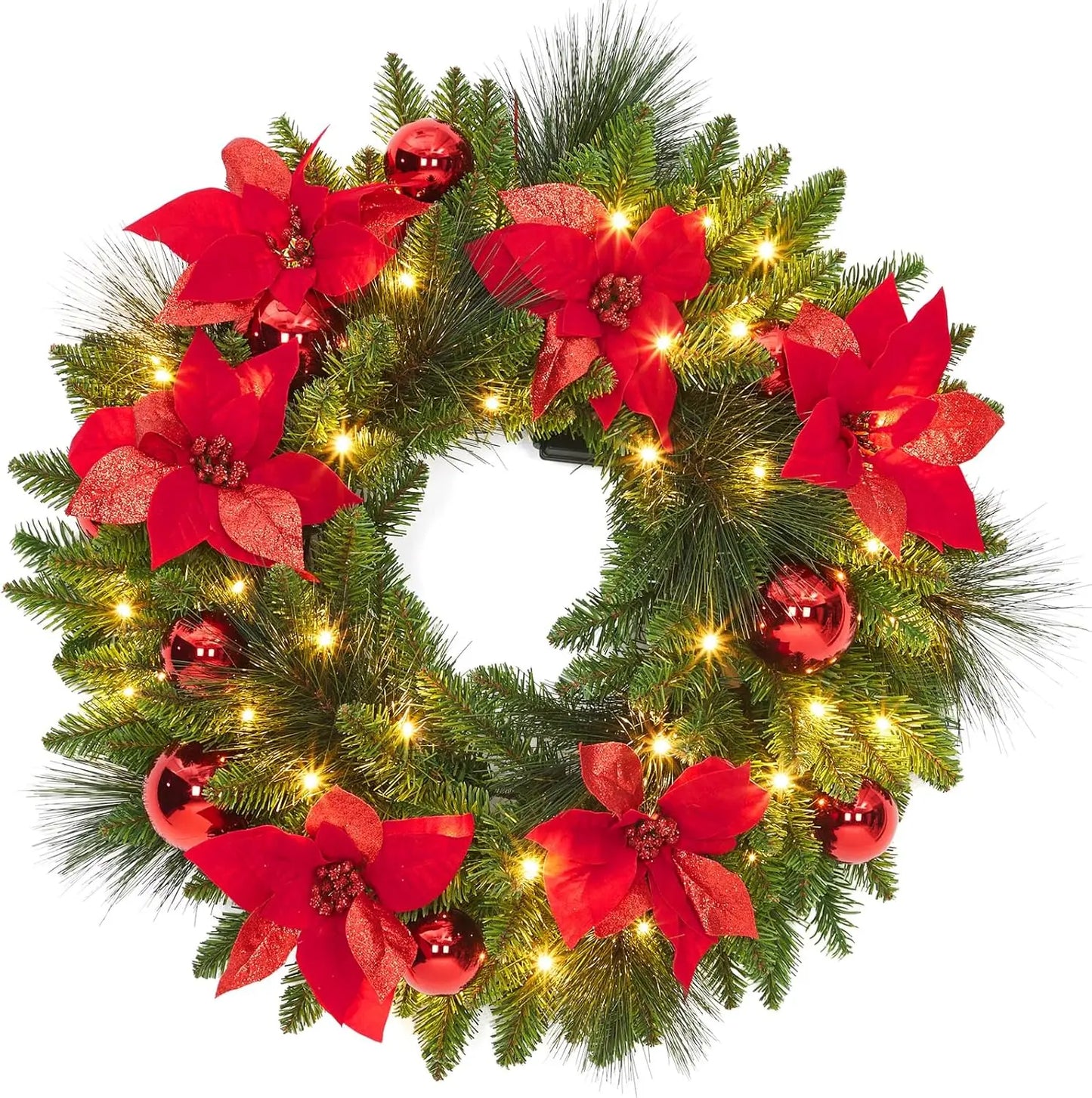 24 Inch Pre-Lit Artificial Christmas Wreath Frosted Pine Cone & Berry Winter Greenery Garland with 50 LED Lights for Front Door
