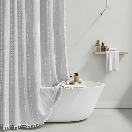 Boho Farmhouse Shower Curtain Set - Linen Rustic Heavy Duty Striped with Tassel, Vintage Country Bathroom Decor Grey 72x84