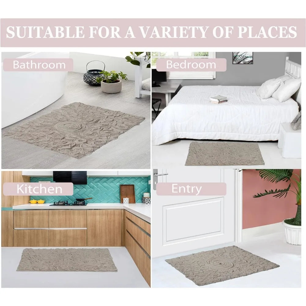 100% Cotton Tufted Bath Rugs Set, Ultra Soft Absorbent Non-Slip Mats, 3-Piece for Family Bathroom