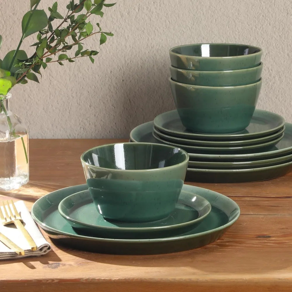 12-Piece Ceramic Dinnerware Set for 4, Reactive Glaze Plates & Bowls, Modern Stoneware Dishes - Elegant Green