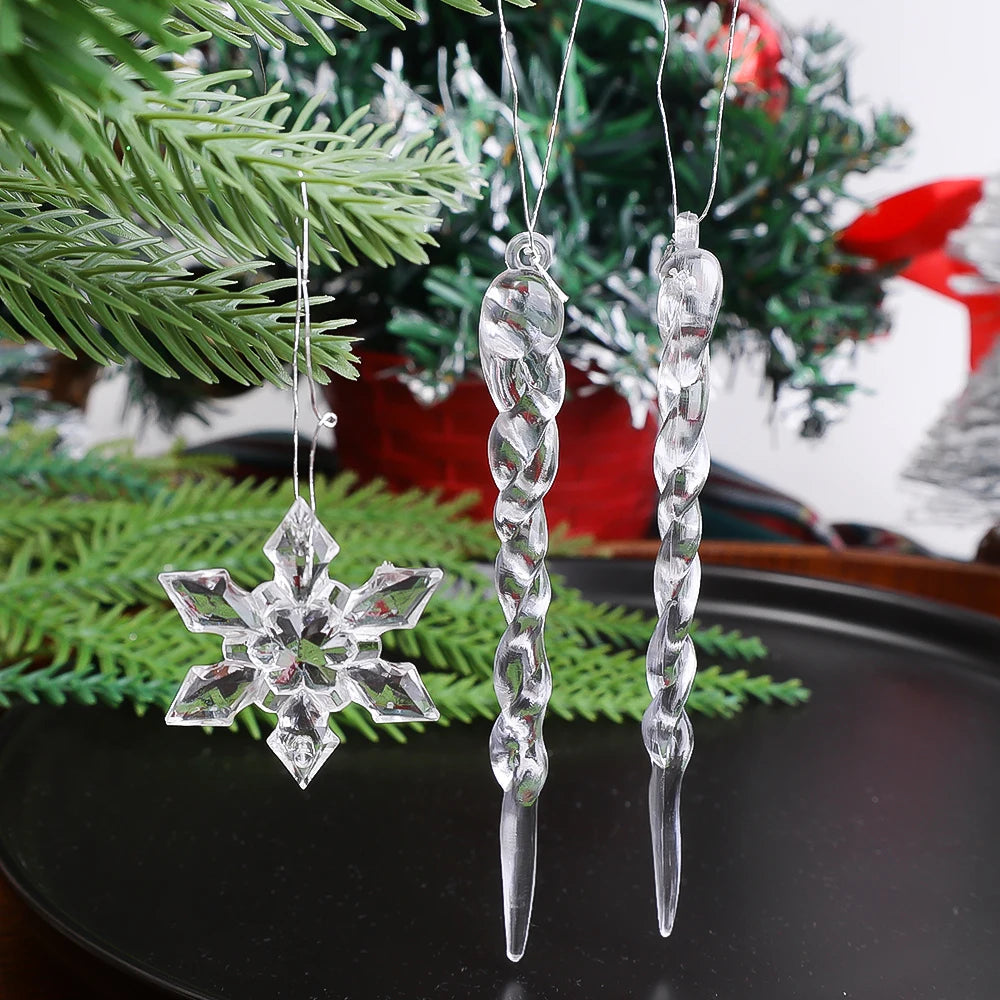 Crystal Clear Snowflake Acrylic Ice Pendants Christmas Tree Hanging Ornaments Icicle Water Drop Decoration For Xmas Winter Party