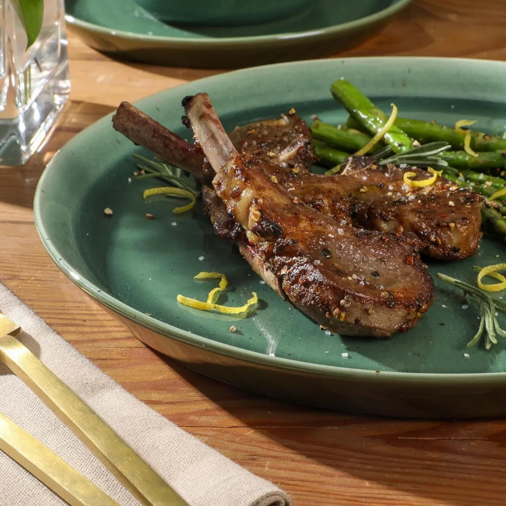 12-Piece Ceramic Dinnerware Set for 4, Reactive Glaze Plates & Bowls, Modern Stoneware Dishes - Elegant Green