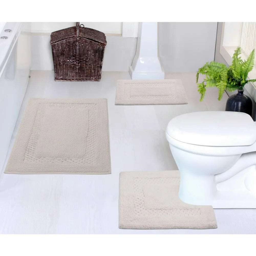 Premium Cotton Bathroom Rugs Set 3-Piece Non-Slip Absorbent Washable Soft Bath Mat for Modern Home Decor