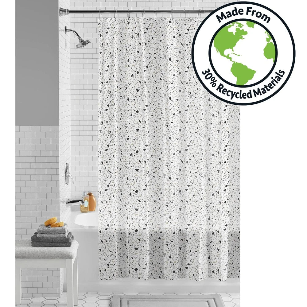 Eco-friendly Waterproof PEVA Shower Curtain Set with 12 Roller Hooks 13-piece Black White Terrazzo Pattern Easy Clean Recycled