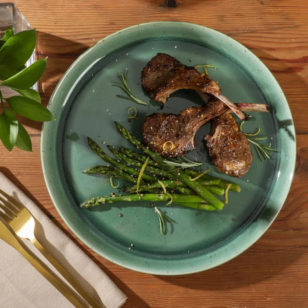 12-Piece Ceramic Dinnerware Set for 4, Reactive Glaze Plates & Bowls, Modern Stoneware Dishes - Elegant Green