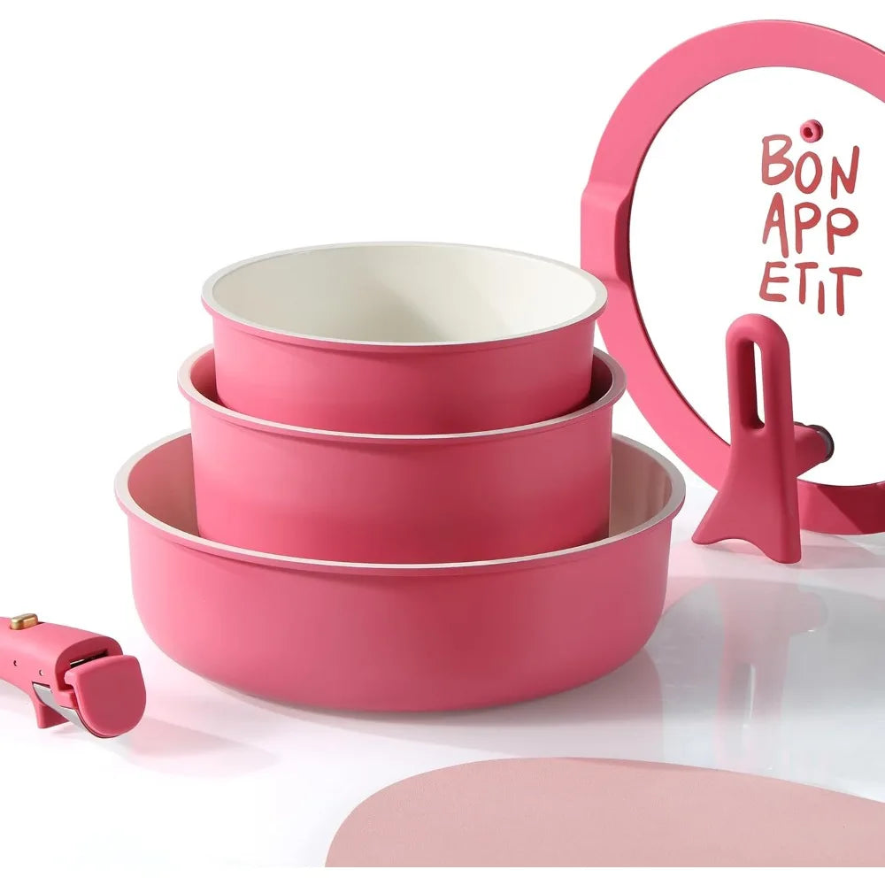 18Pcs Ceramic Cookware Set with Detachable Handle, Non Stick Pots and Pans, Oven Safe & Induction Ready