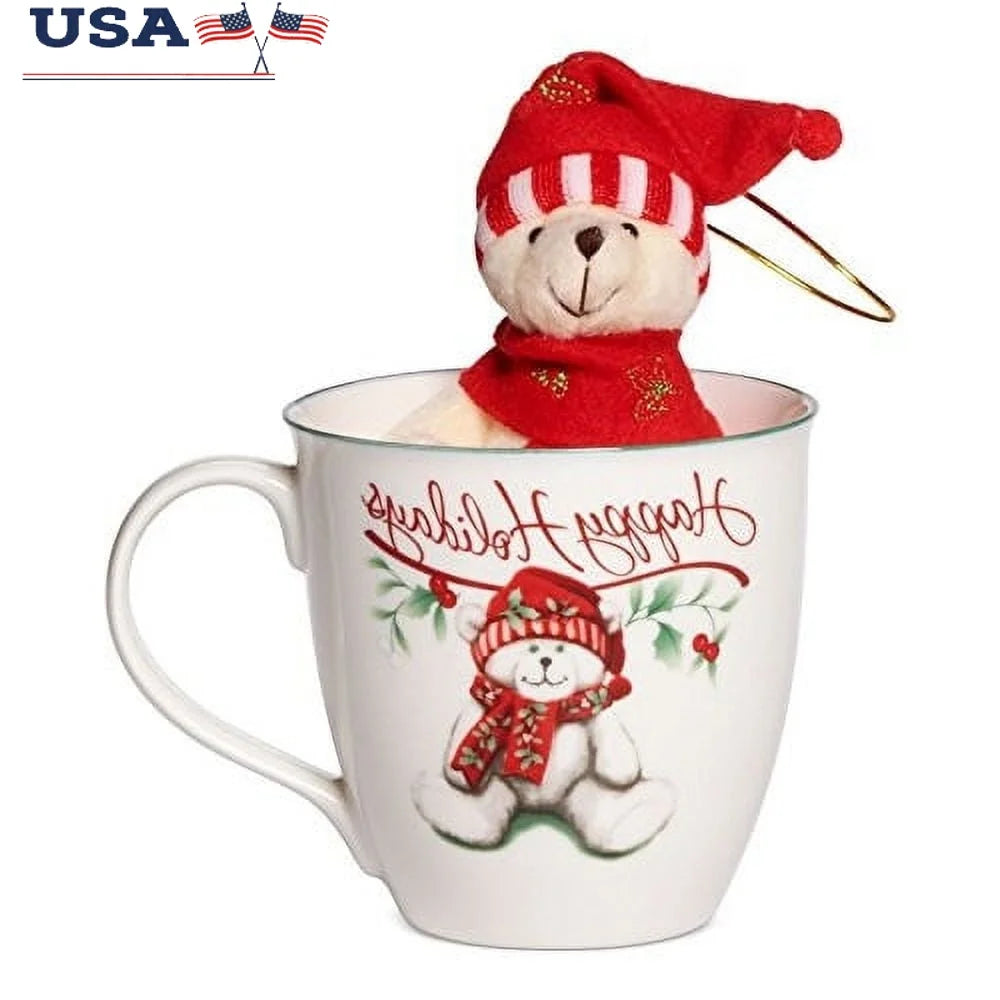 Winterberry Porcelain Mug with Plush Bear Holiday Ornament 20 oz Festive Christmas Drinkware Happy Holidays Gift Kids