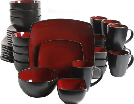 Square Reactive Glaze Stoneware Dinnerware Set, Service for 8 (40pc), Red/Black