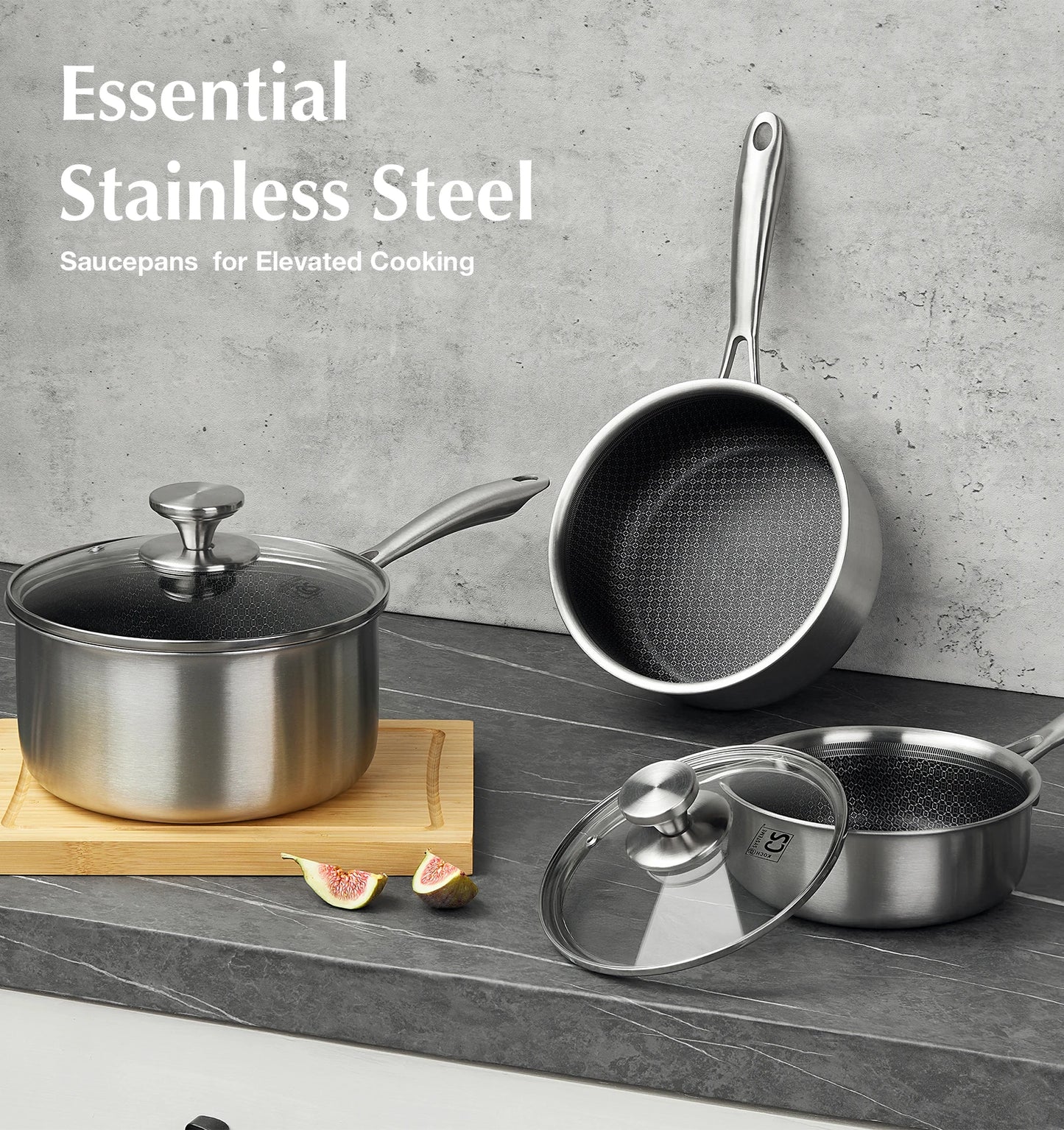 KOCH SYSTEME CS Hybrid Nonstick Stainless Steel Saucepan Set, 1QT & 2QT Triply Stainless Steel Saucepan Set