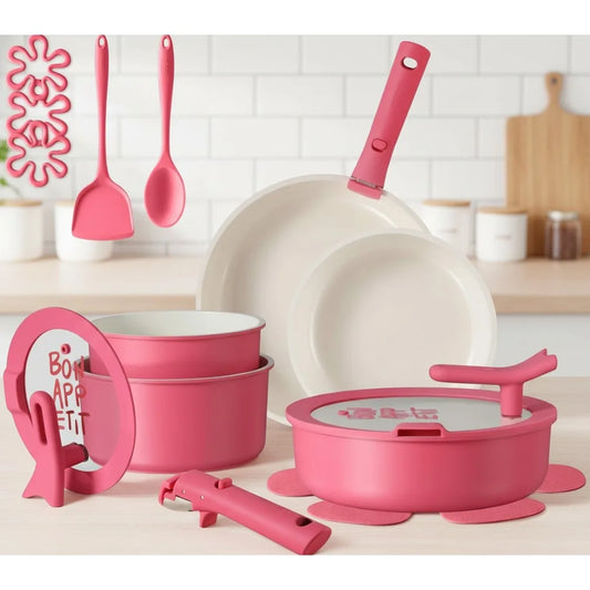 18Pcs Ceramic Cookware Set with Detachable Handle, Non Stick Pots and Pans, Oven Safe & Induction Ready