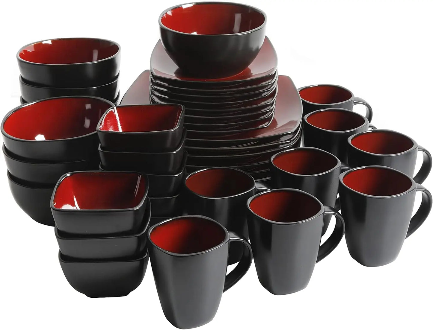 Square Reactive Glaze Stoneware Dinnerware Set, Service for 8 (40pc), Red/Black
